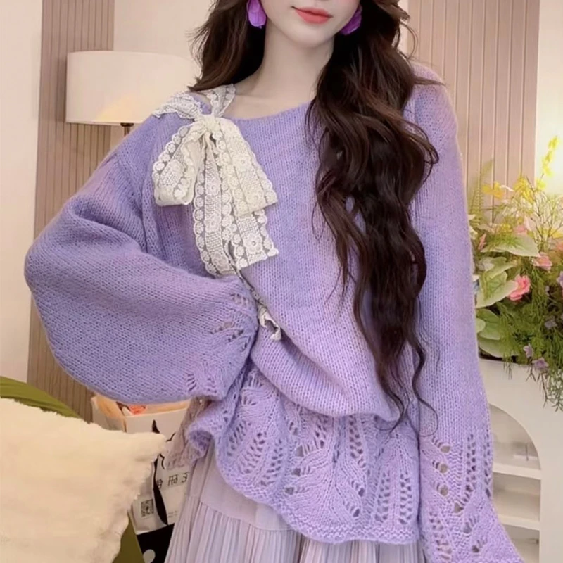 2025新款秋季慵懒风韩系针织镂空毛针织衫设计感时尚蕾丝蝴蝶结