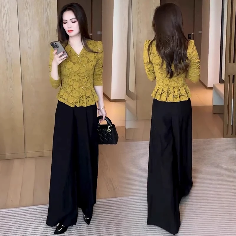 设计感V领蕾丝衫女2025春秋新款时尚洋气百搭修身显瘦打底衫上衣