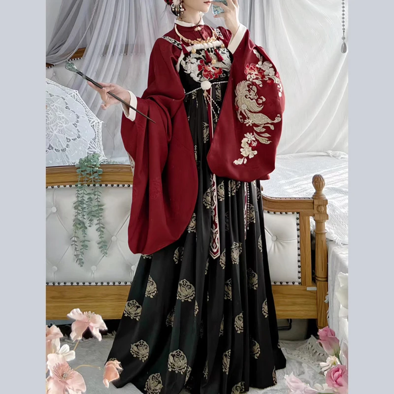 新款原创刺绣唐制汉服大袖女直袖齐胸褶裙春夏秋可选正品米红两色