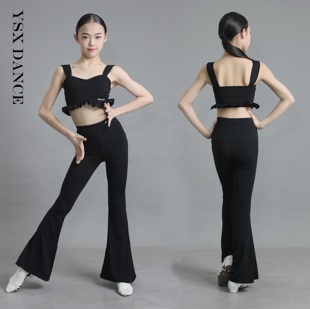 YSX DANCE新款儿童拉丁舞蹈服练习套装荷叶边吊带喇叭裤套装
