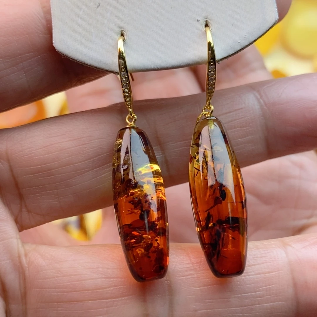 琥珀耳饰银S925镀金镶嵌