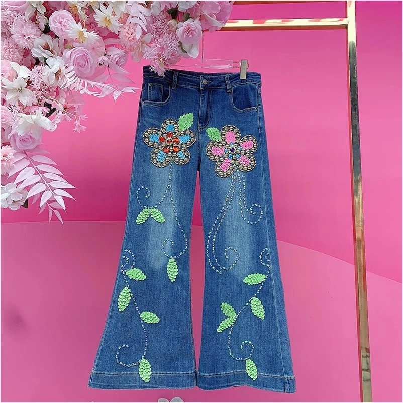 A1427欧美设计师2025早春新款钉珠刺绣亮片花朵直筒休闲牛仔裤女