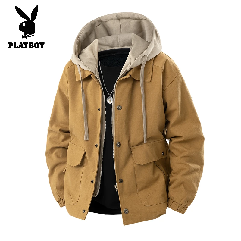 花花公子美式假两件连帽夹克男秋冬季百搭宽松撞色休闲工装外套男
