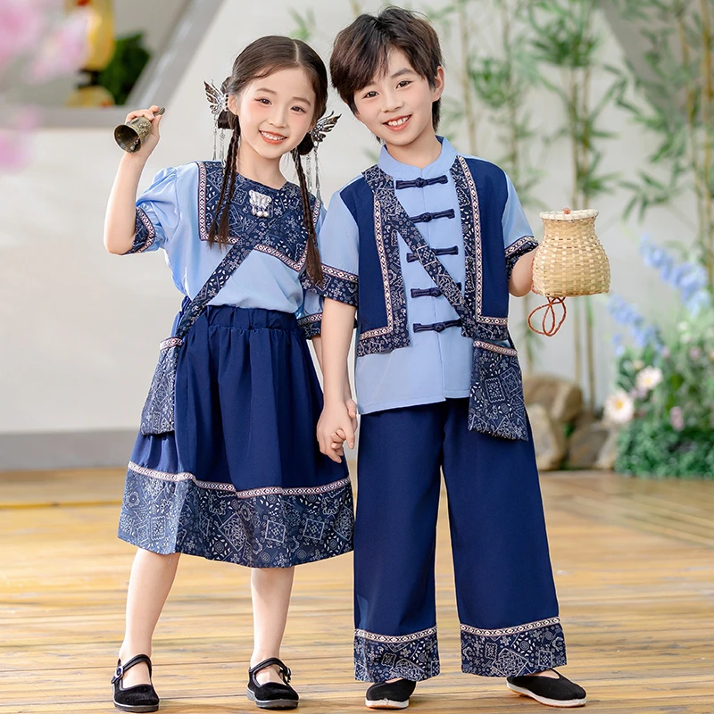 男童汉服夏季短袖女孩儿童新中式国风唐装套装帅气日常六一演出服