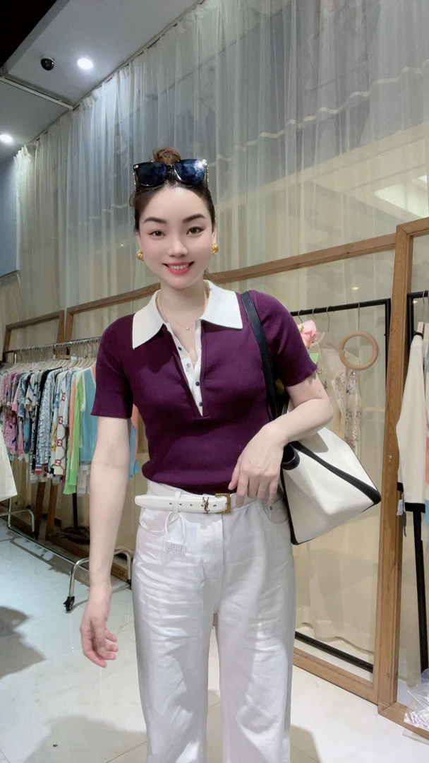 916 Polo领南油精品撞色桑蚕丝莱赛尔半开胸