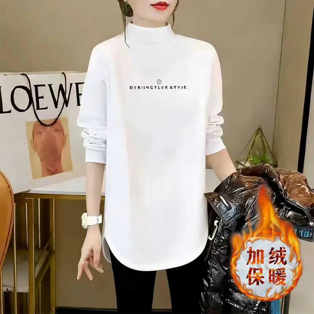 欧货加绒白色半高领打底衫女内搭2026中长款新款秋冬长袖t恤上衣