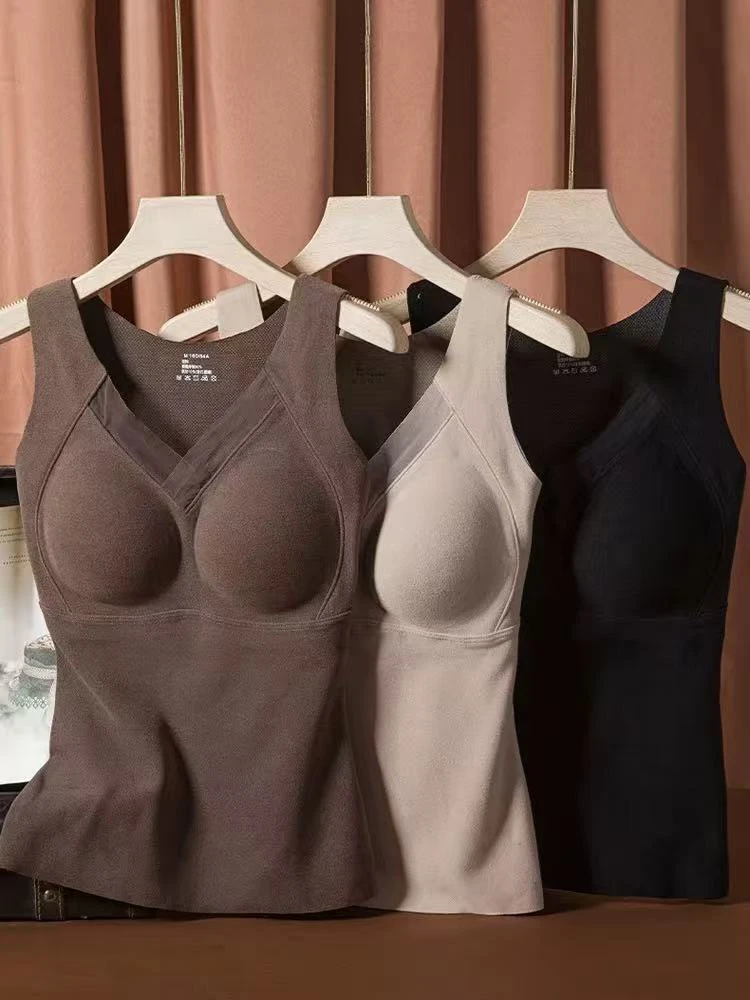 女蕾丝边1层加绒厚款一片式中年保暖纯色V领保暖背心