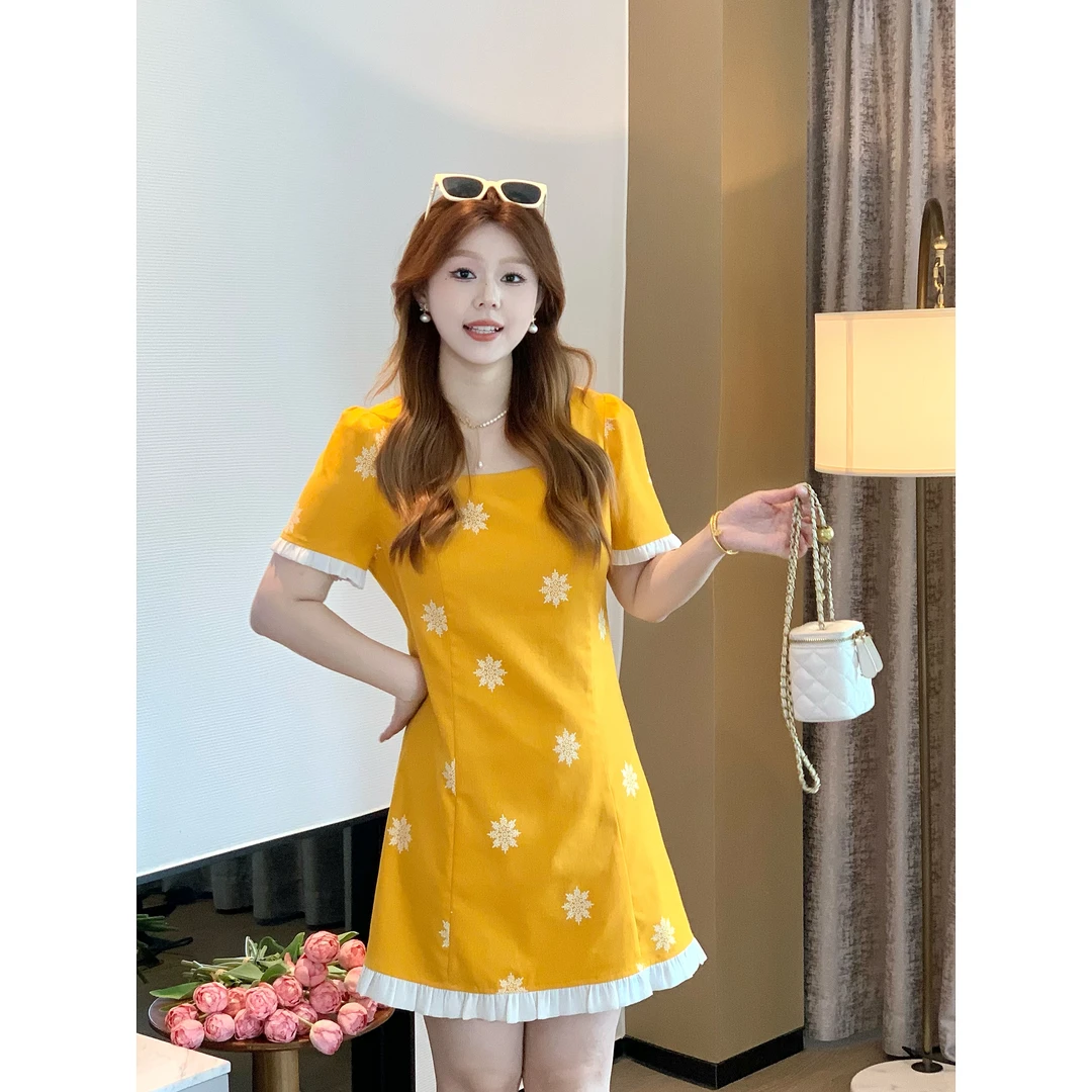 楠序迪迪微胖女装2025夏季中长裙方领显瘦气质短袖连衣裙DD10393