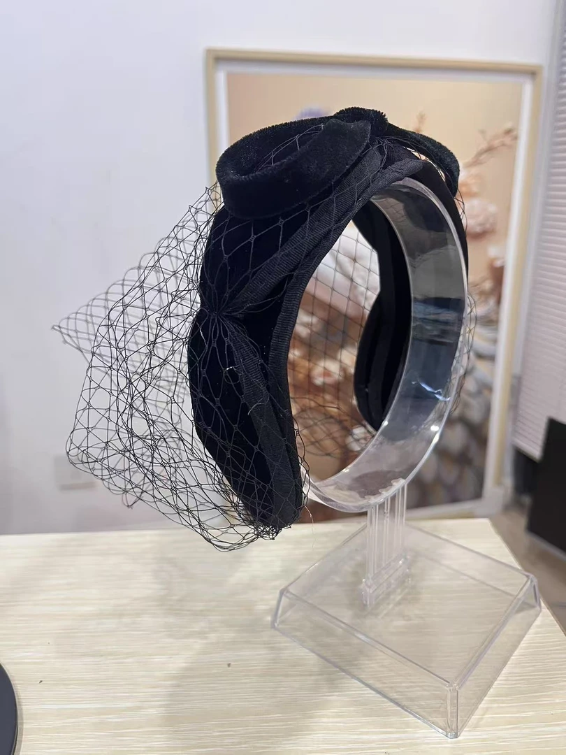 法式复古黑色丝绒夏季网纱发箍优雅遮脸面纱头饰女士帽子