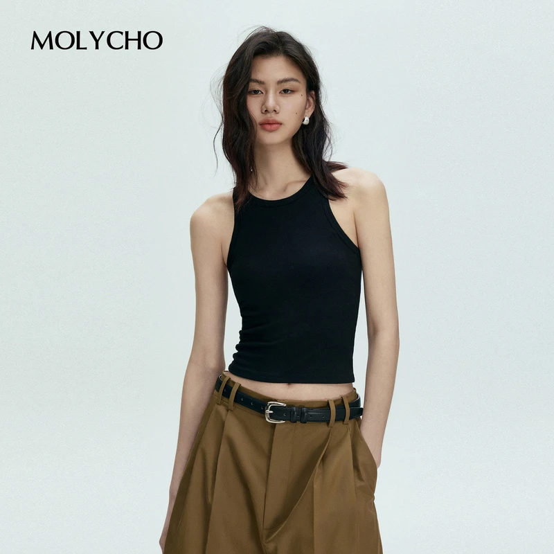 MOLYCHO 辣妹短款外穿带胸垫工字背心女夏季新款黑色内搭无袖上衣