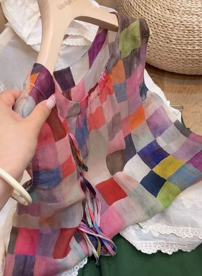 小文姐 W1751-格子显瘦时尚百搭系带小众长袖衬衫设计感气质上衣