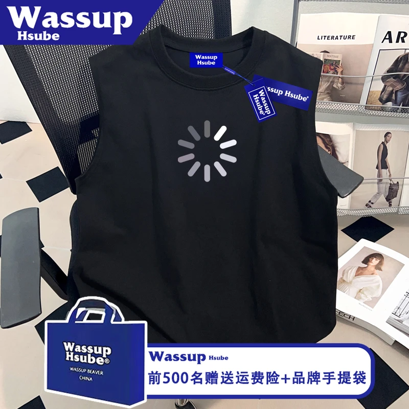 WASSUP HSUBE美式夏季创意印花纯棉上衣男女款ins黑色T恤无袖背心