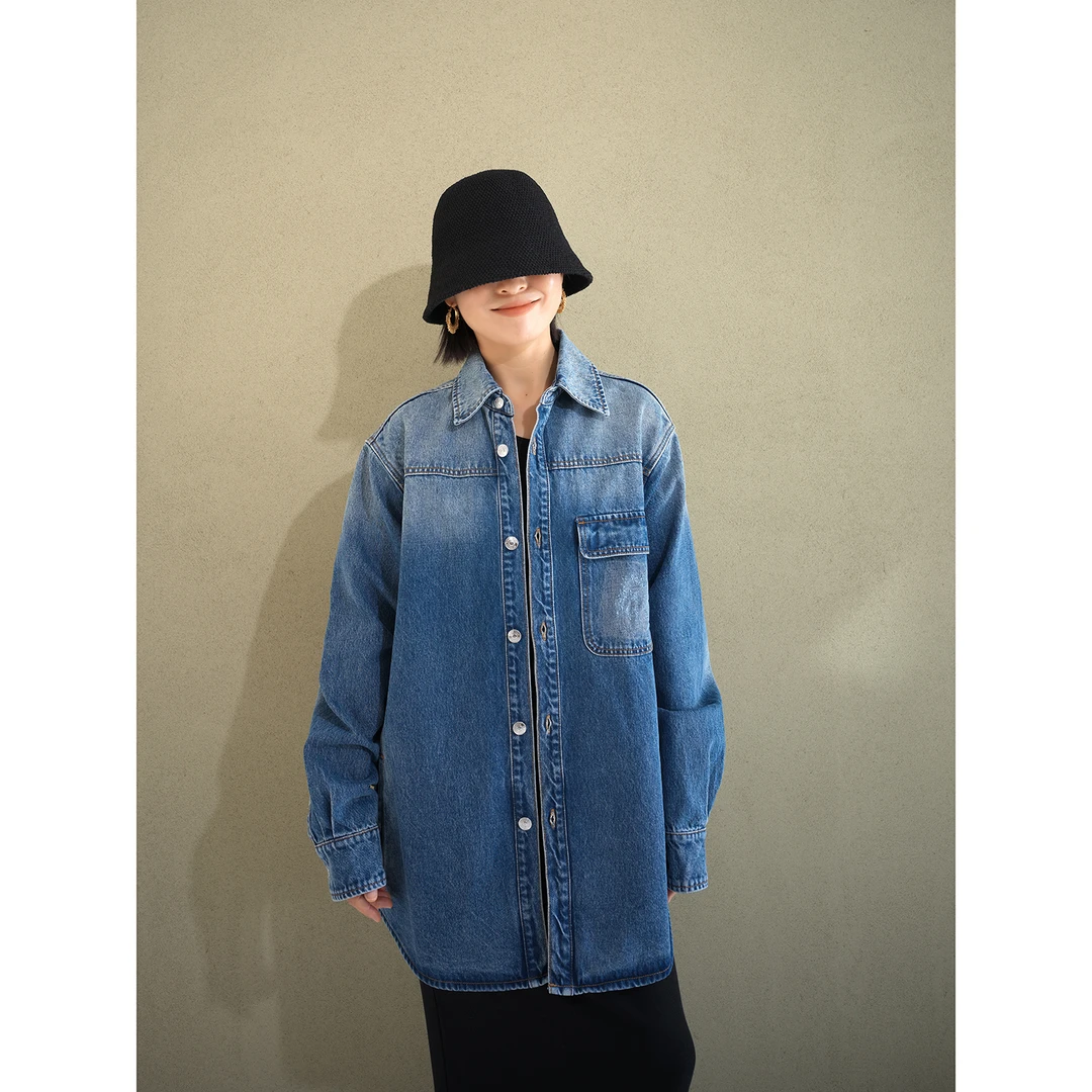 UPINLOOK 重工水洗 磨破~女中长款宽松口袋衬衫式牛仔外套CF101