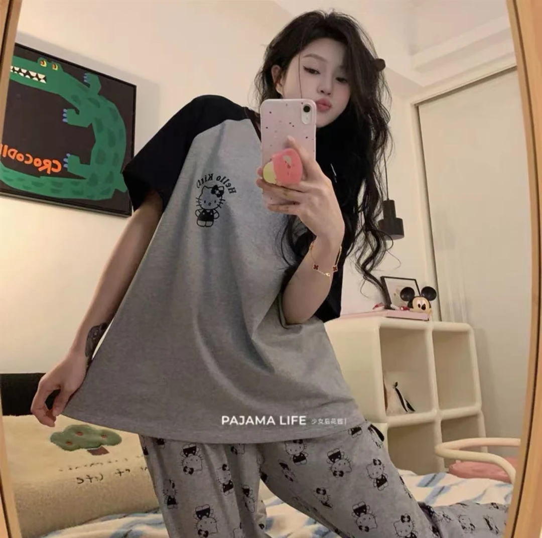 女士夏季短袖长裤睡衣休闲套装黑灰kk猫 C 7704