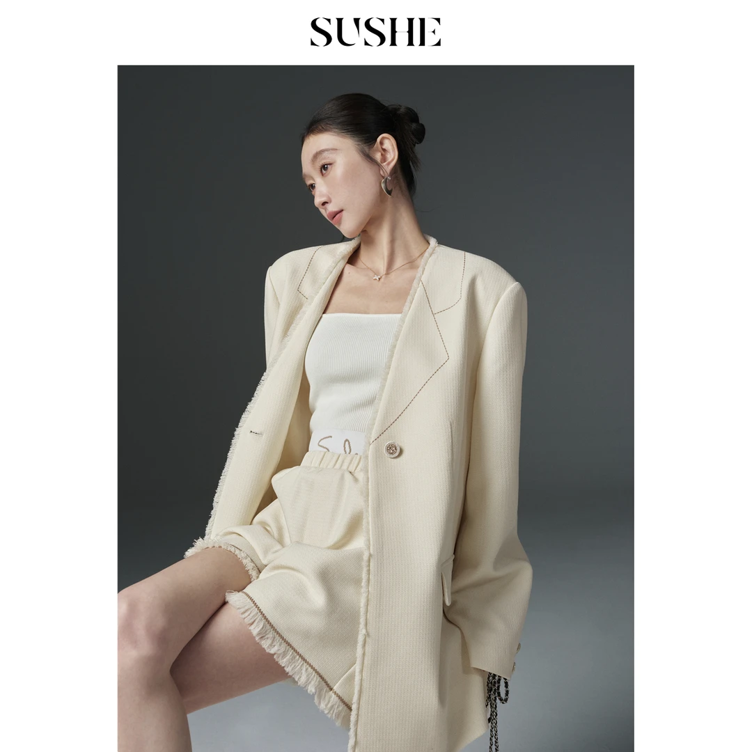 束皙SUSHE韶景撞色气质拉毛西装外套双层弹力腰短裤套装女春季
