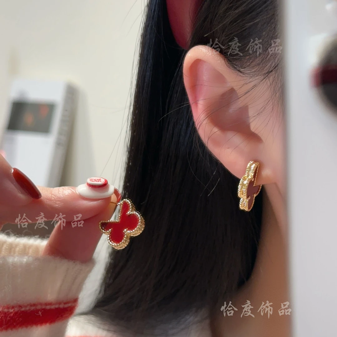 铜合金耳饰 【恰度】复古红色缺口四叶花朵耳钉