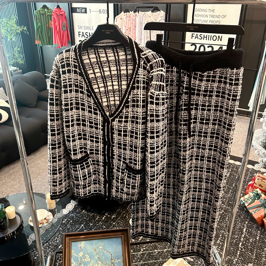Zai Living/也宅【格纹小香风】 针织高密半边绒冬季新款家居服套装