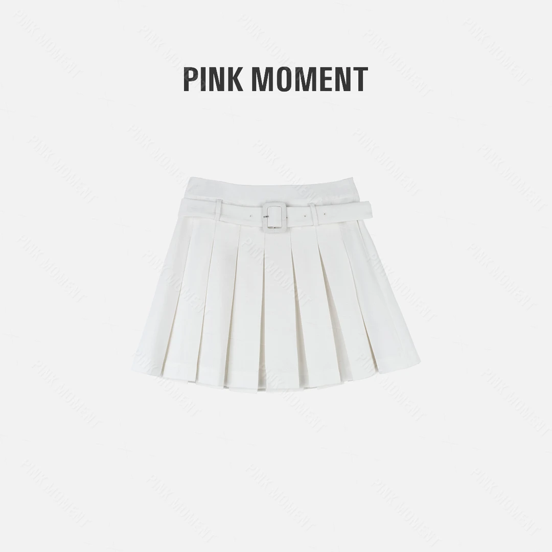 PM王囡囡 白色莱赛尔无弹百褶A字短裙(有腰带无安全裤)  ND1C1354