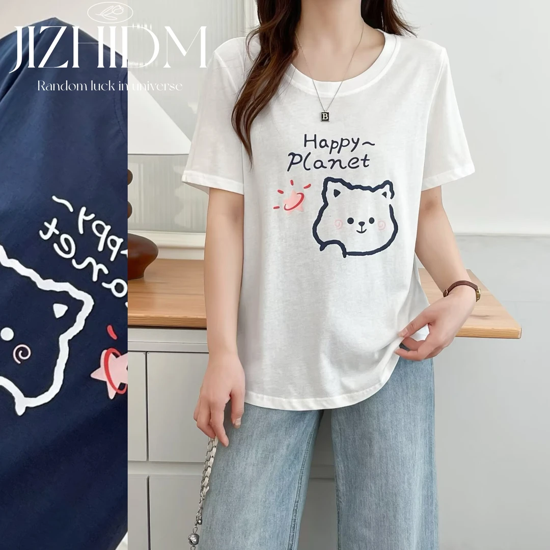 【100-200斤】夏季新款宽松显瘦卡通印花圆领短袖小衫女百搭凉快T恤