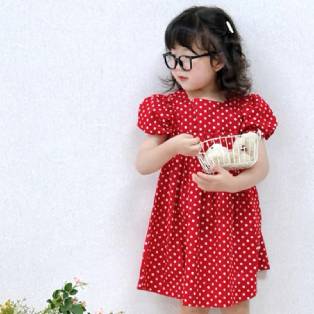 7739夏季女童红色波点泡泡袖可爱连衣裙