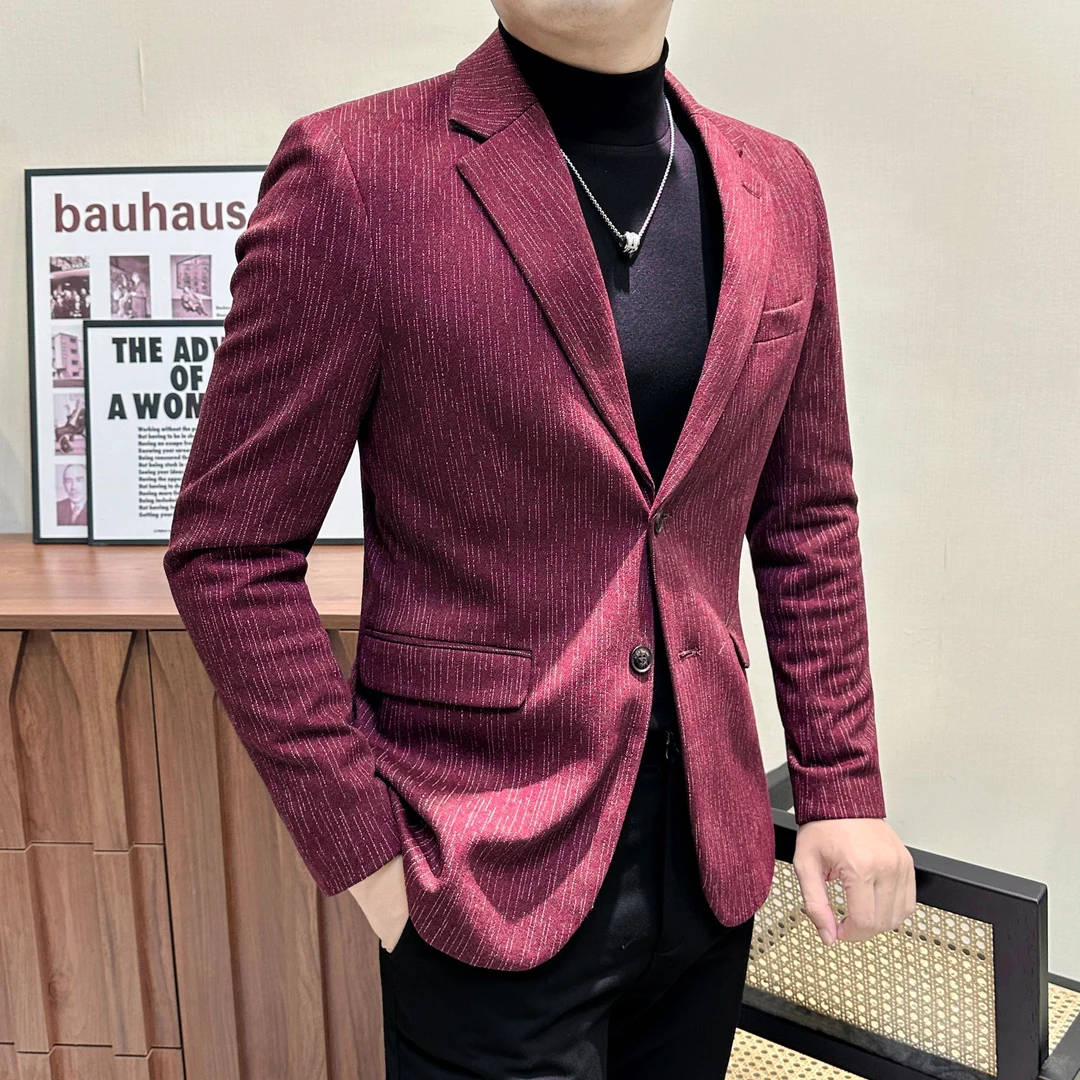 条纹休闲男西装外套秋冬新款高级感潮款轻奢痞帅男士西服2025潮款