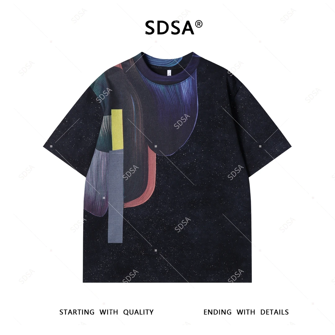 SDSA夏季新款男士痞帅潮牌满天星领口印花短袖T恤百搭圆领上衣