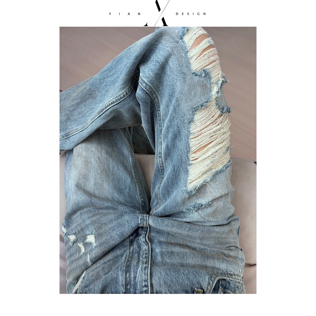 【 老刘推荐 】“流浪地球”破损美感直筒中腰重工环保洗水牛仔裤