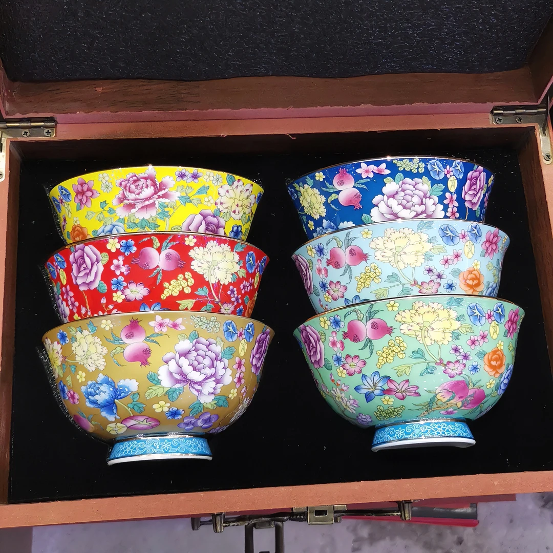 景德镇珐琅彩万花六色碗中式手工高级复古礼盒送礼米饭碗中式陶瓷