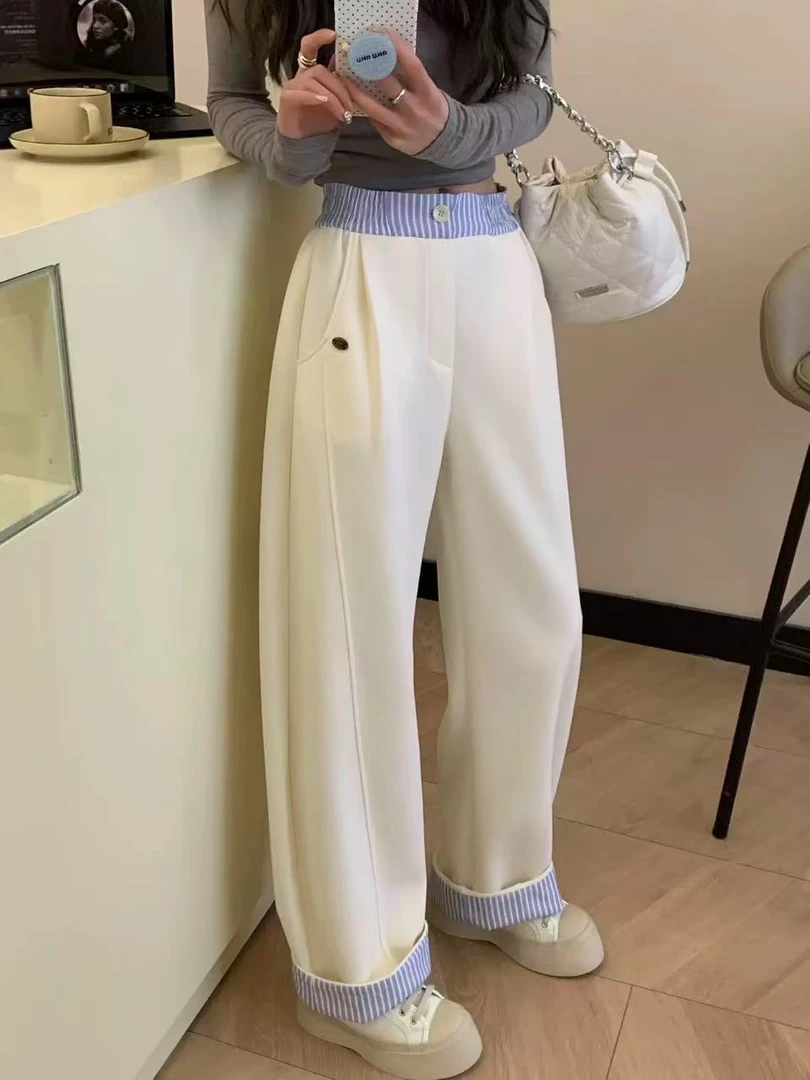 小雅姐姐  韩版简约撞色拼接条纹垂感慵懒风休闲直筒裤IM29