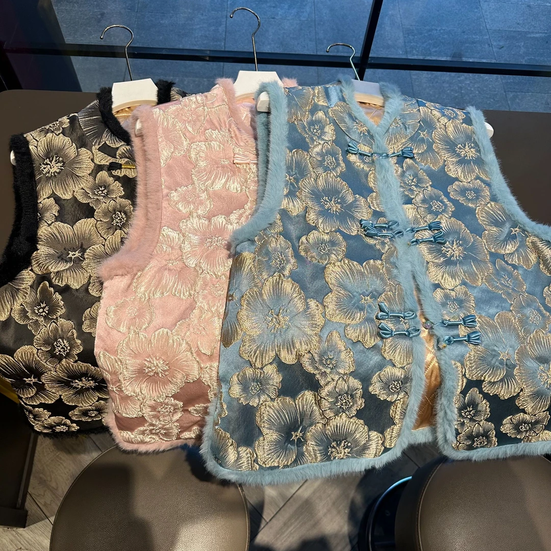 【福华】新中式气质复古 立领手工盘扣浮雕织锦加棉加毛无袖上衣JX