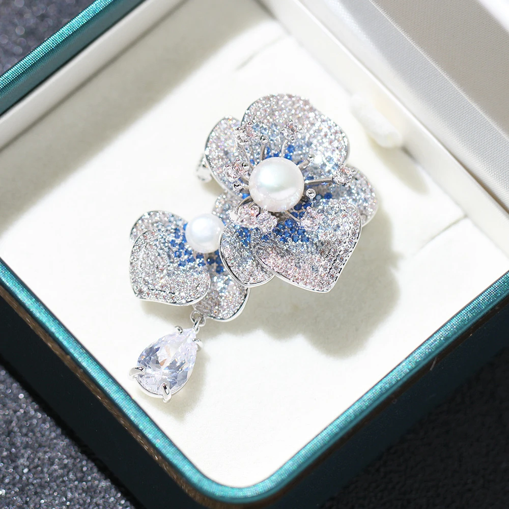 铜淡水珍珠胸针 9102 双生花 春季新品奢华优雅西装大衣胸花