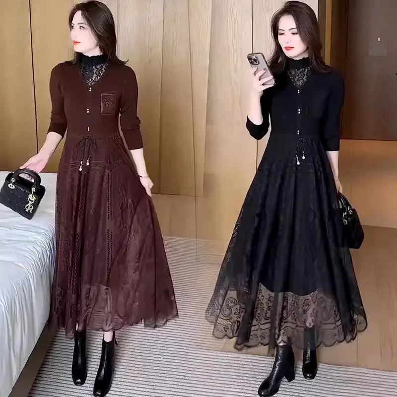 针织蕾丝连衣裙女2025年春秋冬季新款时尚百搭中长款打底毛衣裙子