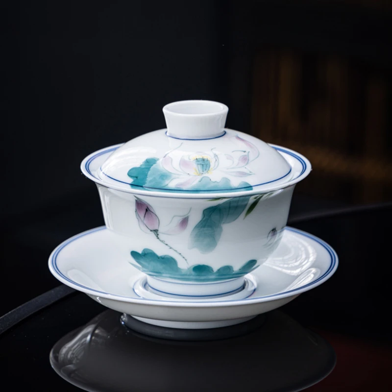 戏荷纯手绘手工高端家用三才盖碗甜白瓷功夫茶具大号泡茶碗茶杯
