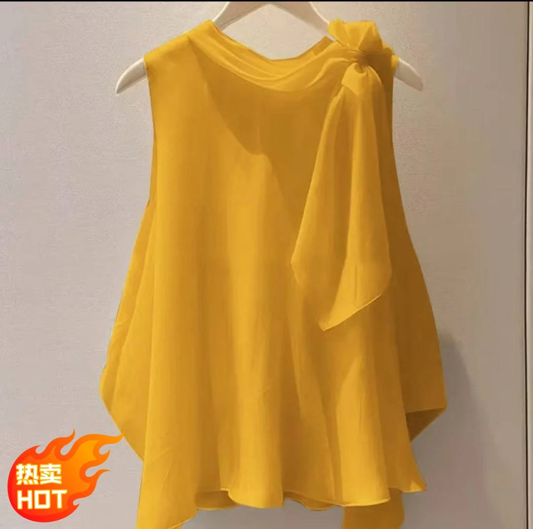 独特漂亮洋气高端别致小衫法式小上衣黄色无袖衬衫2025新款女夏季