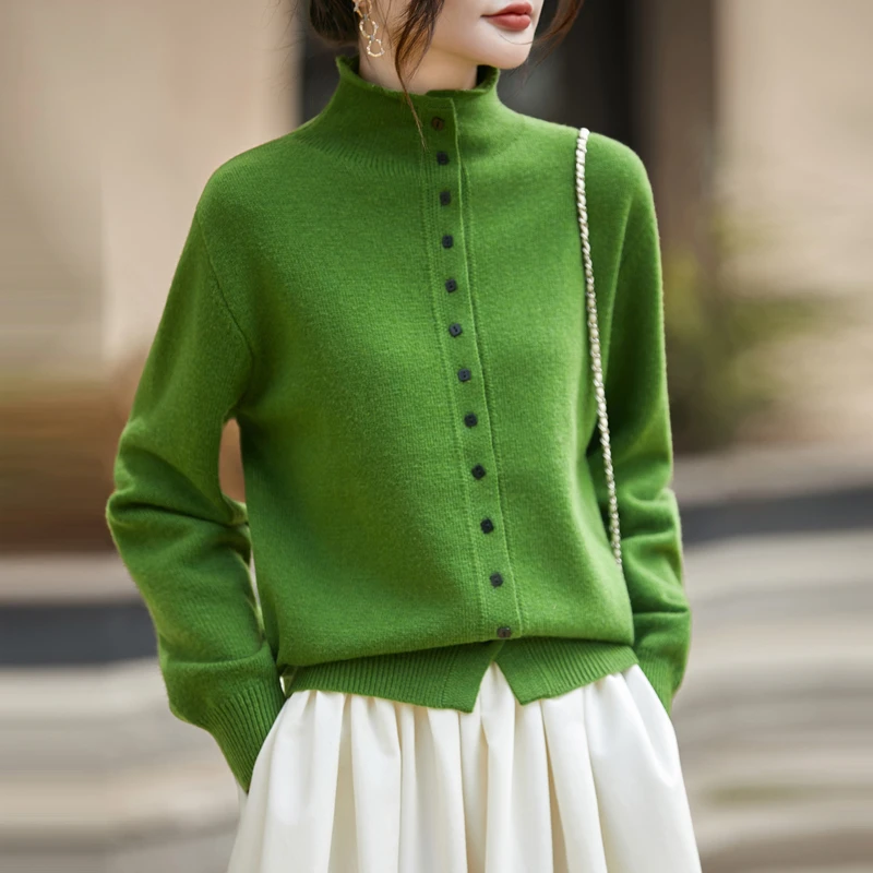 秋冬高领针织开衫女外套宽松显瘦纯色上衣百搭打底衫