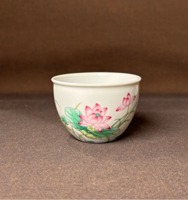 景德镇全手工手绘珐琅彩荷花缸杯