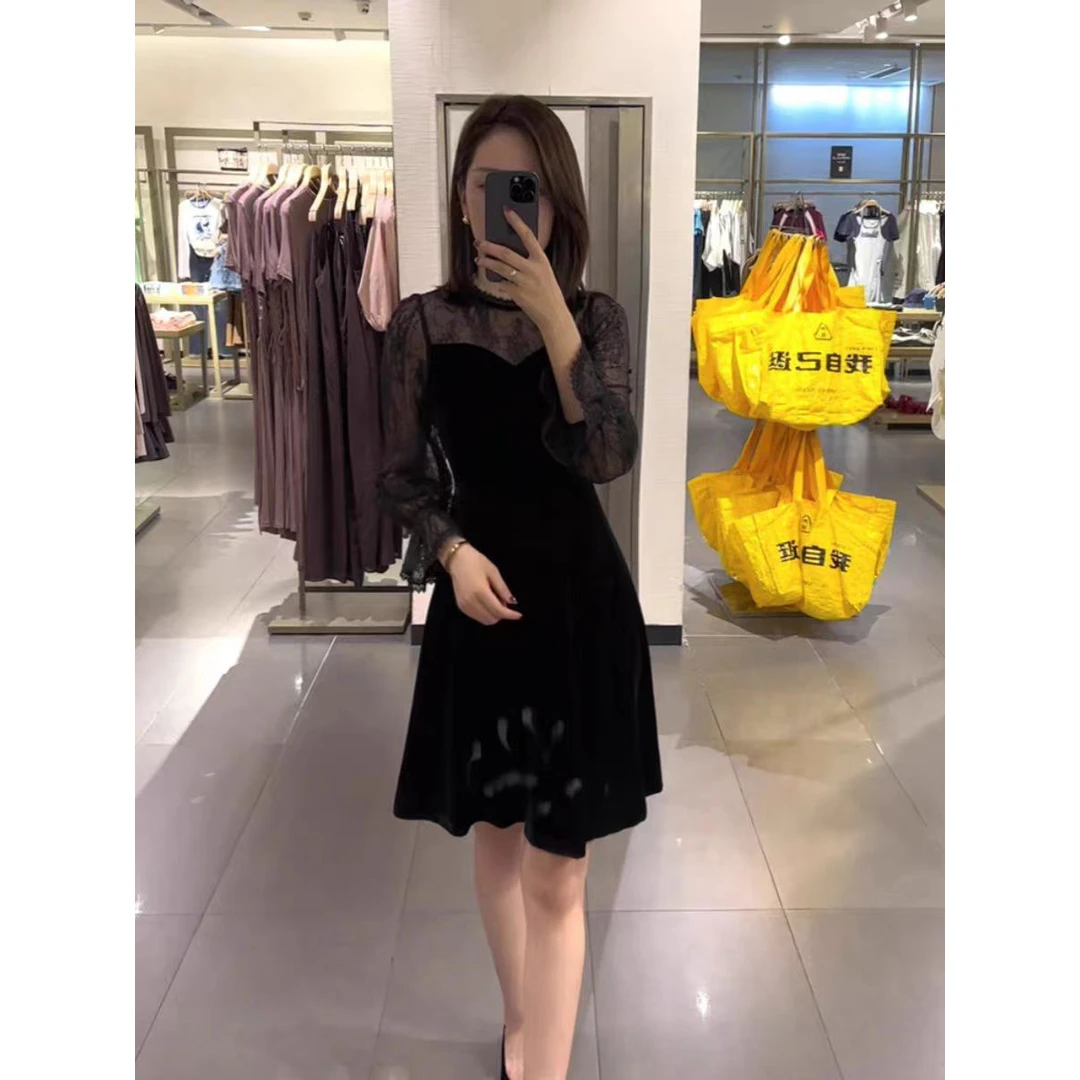 法式复古网纱拼接丝绒长袖连衣裙女春秋新款气质显瘦宽松A字短裙