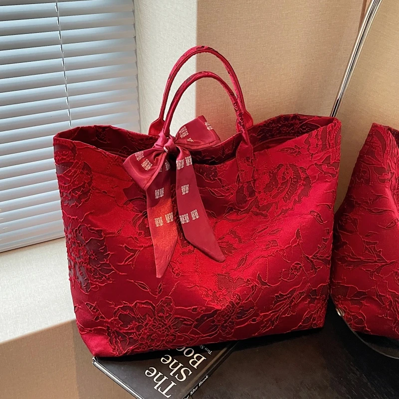 新中式红色结婚包包女大容量喜妈妈新娘手提袋国风帆布通勤托特包