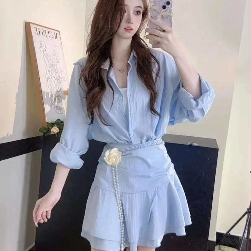 假两件长袖衬衫连衣裙子女春季 2025新款小个子超好看短裙