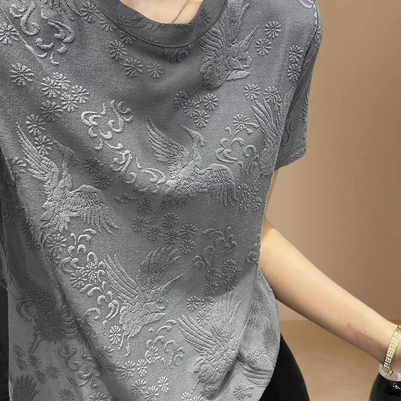 宽松上衣夏装高端提花小衫衬衣衬衫休闲女装正肩2025新款短袖妈妈