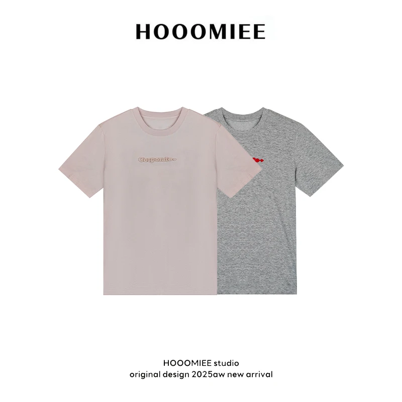 Hooomiee极简刺绣撞色字母设计修身女士T恤短袖C2025-009