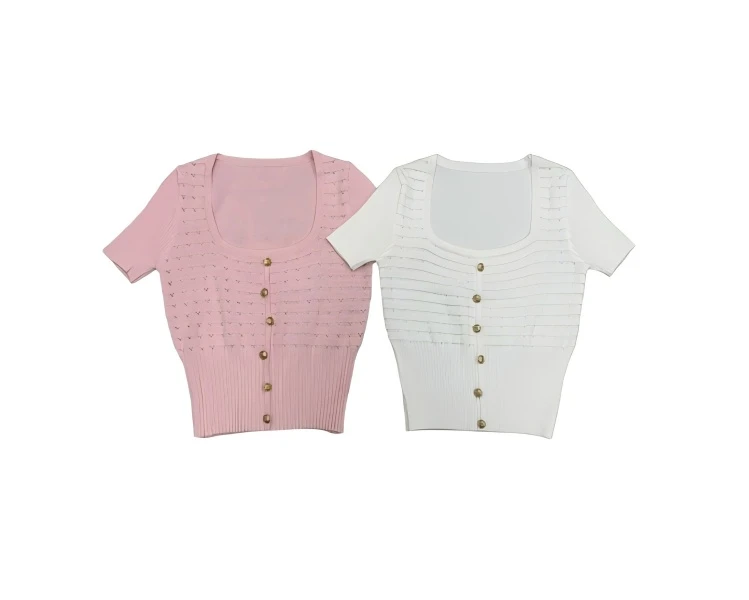 短袖女夏季方领毛针织衫开衫上衣 660粉+白