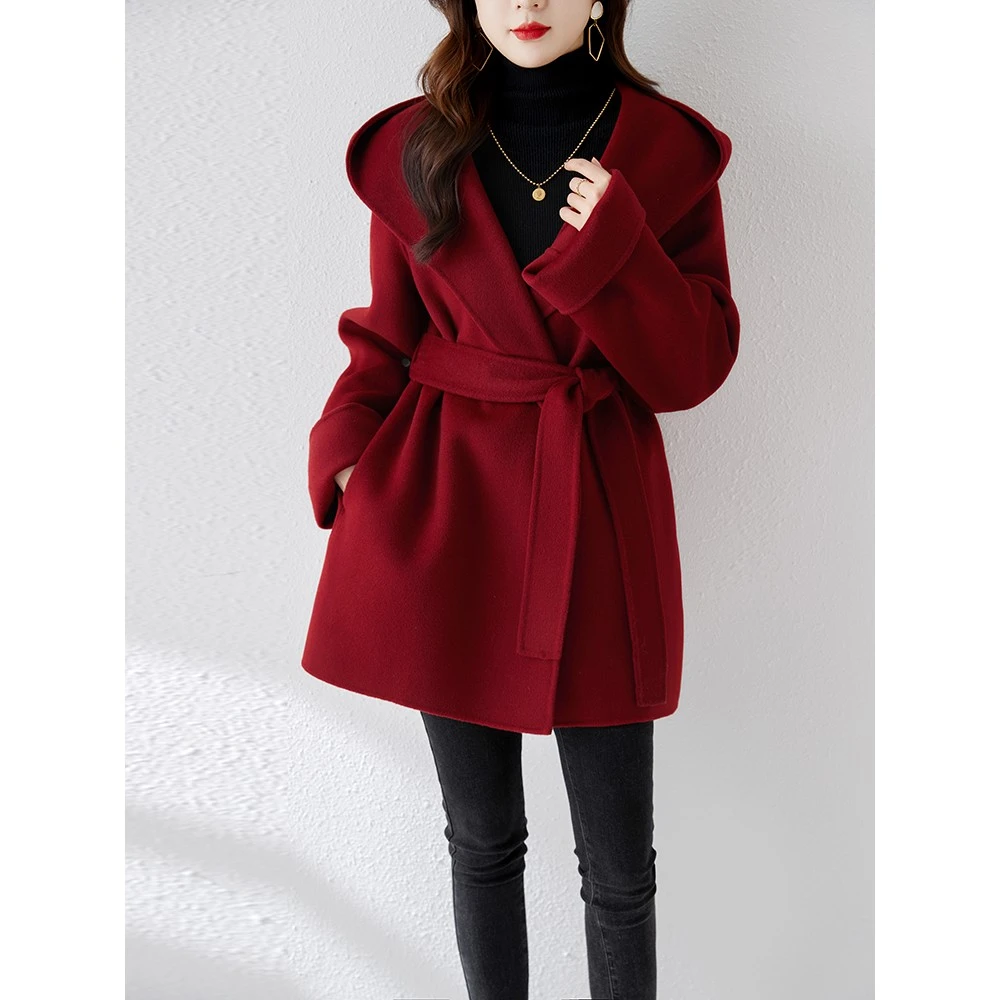 玖诗娅红色小香风双面呢羊毛呢子外套女小个子气质毛呢零大衣