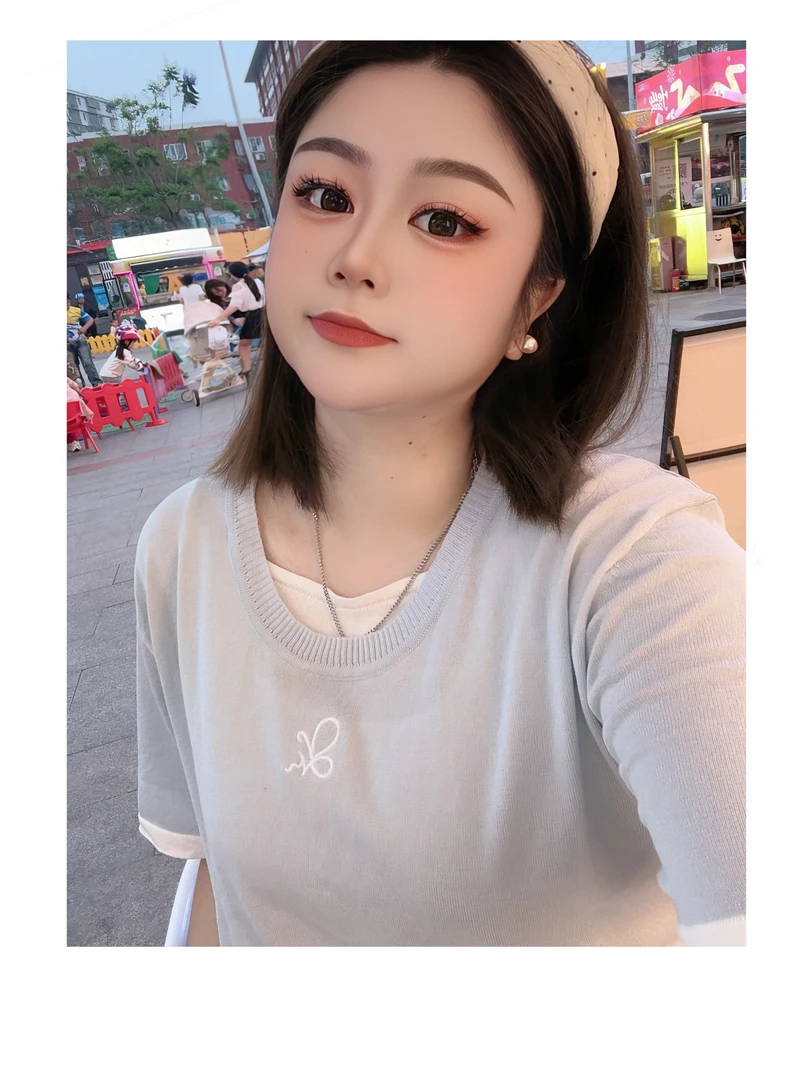 6658大码韩版针织衫外搭百搭拼接韩版圆领女短袖薄款气质夏季