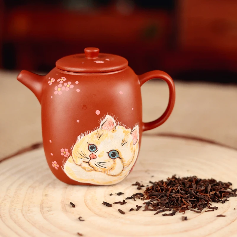 新款女士可爱紫砂壶创意手绘猫咪四方壶原矿朱泥可养新年女生礼物