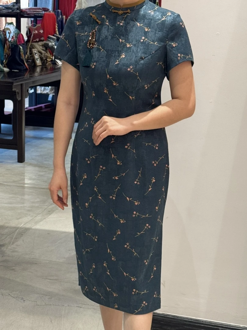 凤禧2025春夏新款中式日常藏青棉质气质旗袍