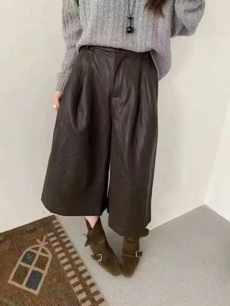 【小禾苗】皮质超软的秋季PU皮七分阔腿裤秋冬复古高腰显瘦阔腿中裤