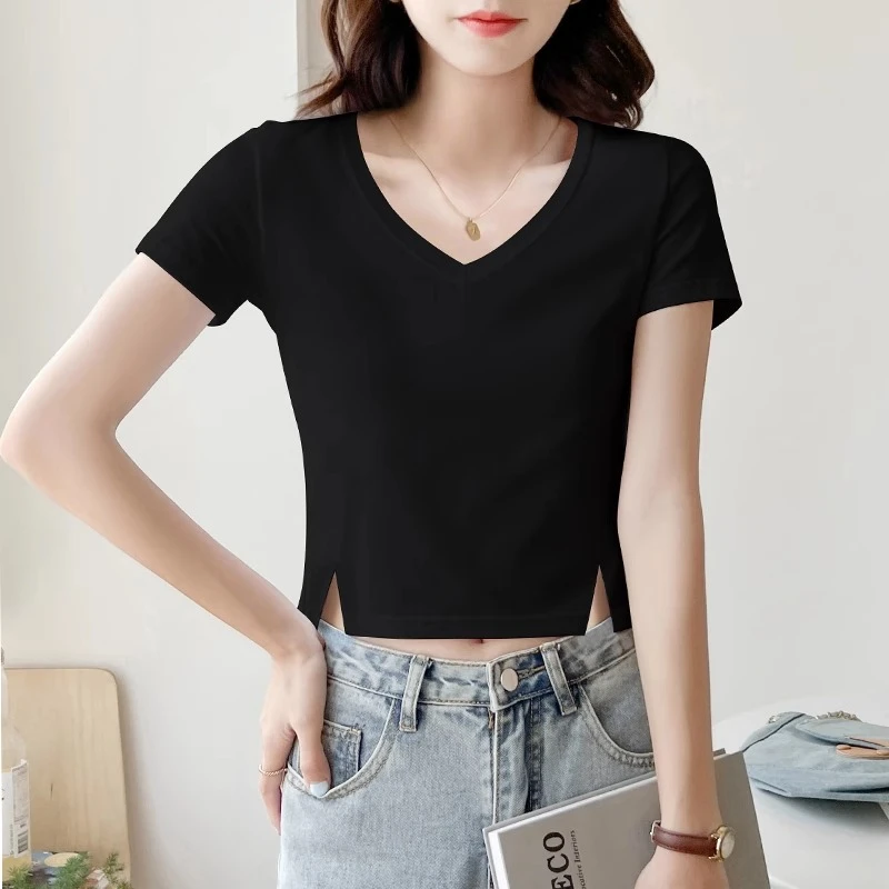 黑色短款v领t恤女夏短袖开叉高腰露脐小个子上衣2025新款显瘦体恤