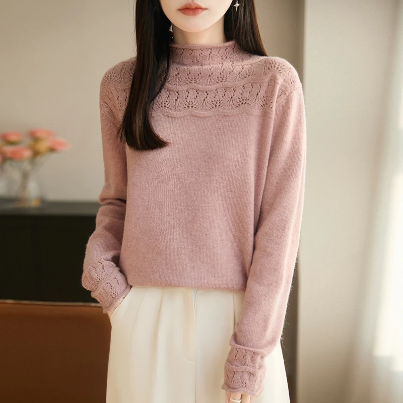 品牌撤柜正品秋冬新款重工镂空钩花半高领打底衫轻奢软糯内搭款女