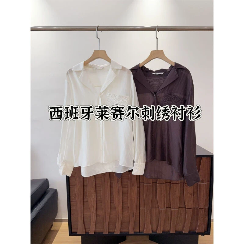 西班牙单 莱赛尔刺绣口袋饰翻领衬衫女